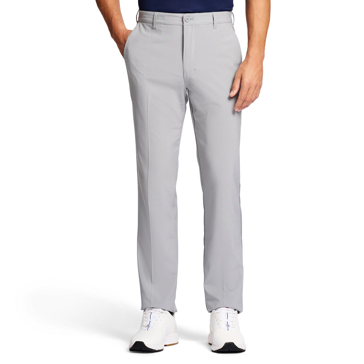 IZOD Swingflex flat-front pants in cinderblock for versatile office-to-golf wear.