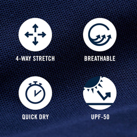 IZOD SwingFlex fabric blends polyester and spandex for comfortable stretch.