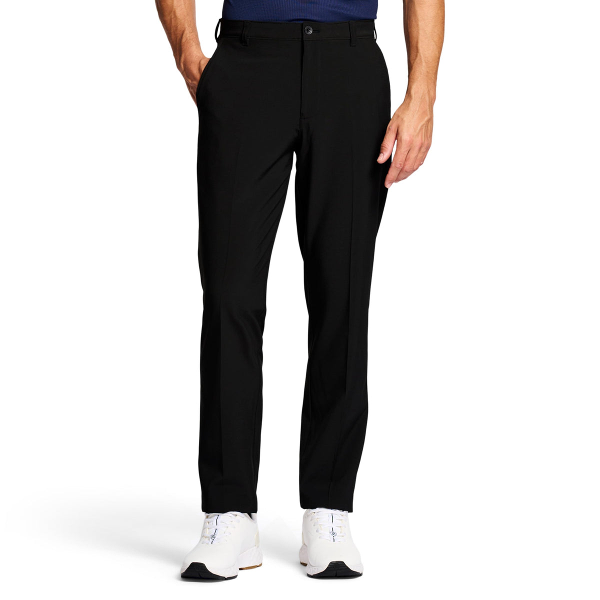 IZOD SwingFlex slim-fit pants, black, front view showing tailored silhouette for work, golf, and beyond.