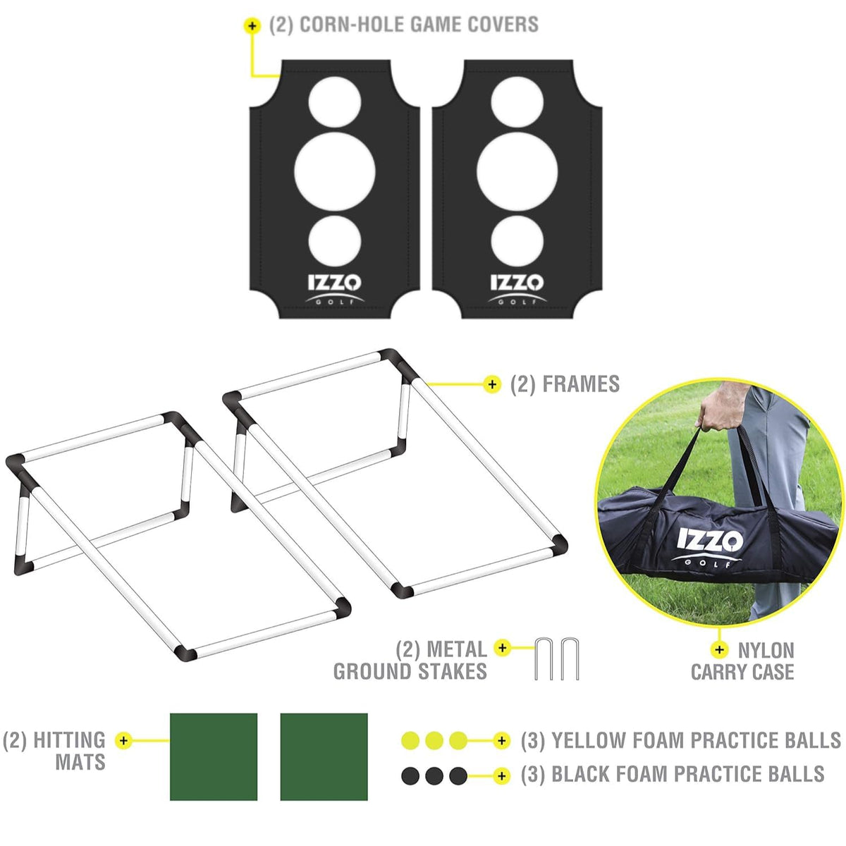 Izzo Corn-Hole Chipping hitting mats shown for portable setup and indoor play.
