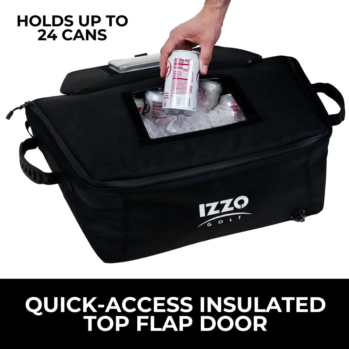 IZZO Front Hood Riding Cart Cooler strapped to cart, secure and easy to access