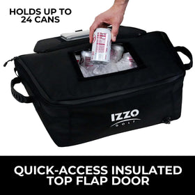 IZZO Front Hood Riding Cart Cooler strapped to cart, secure and easy to access