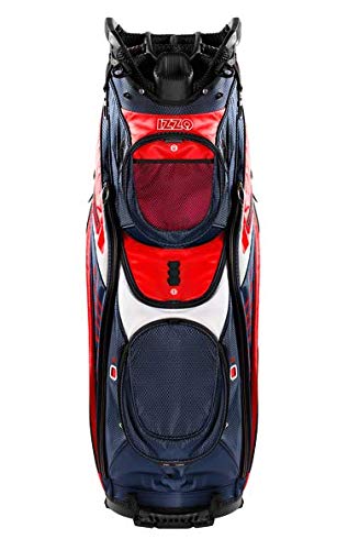 Izzo Gemini cart bag with power pockets to charge devices on the course.