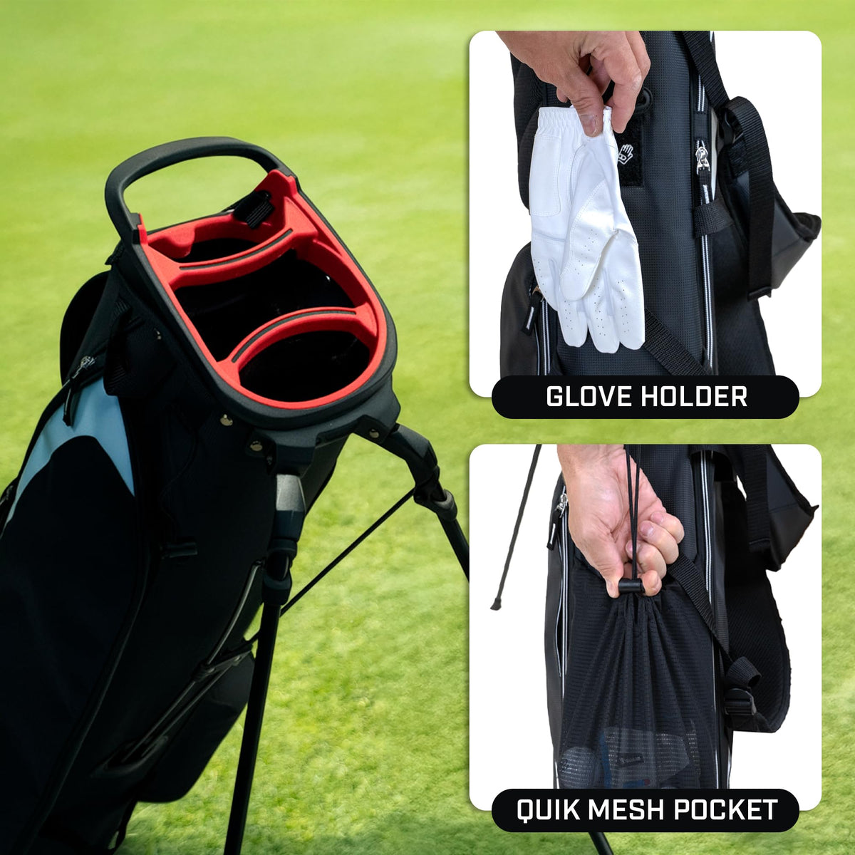 Izzo Quik 9 full-bag layout demonstrates five pockets for gear and beverages.