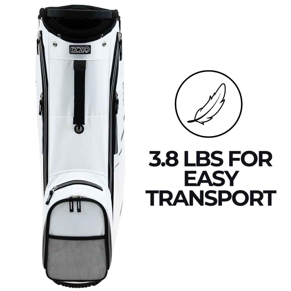 Izzo Ultra-Lite cart bag 14-way top highlights club separation and protection.