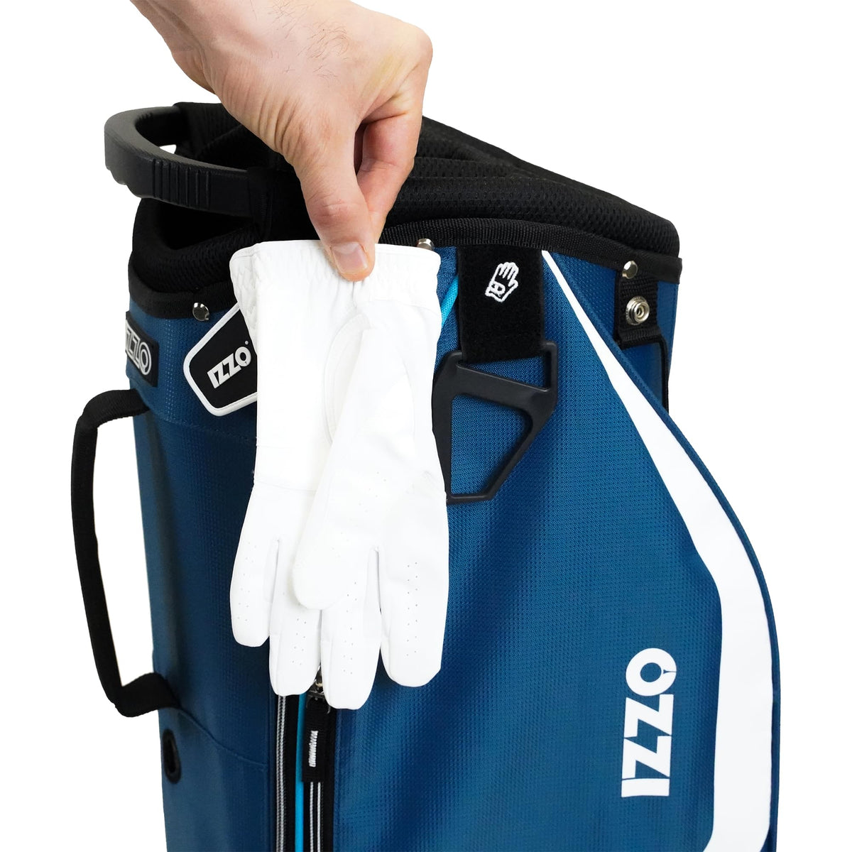 Izzo bag displaying six pockets, including a waterproof pocket and rain hood