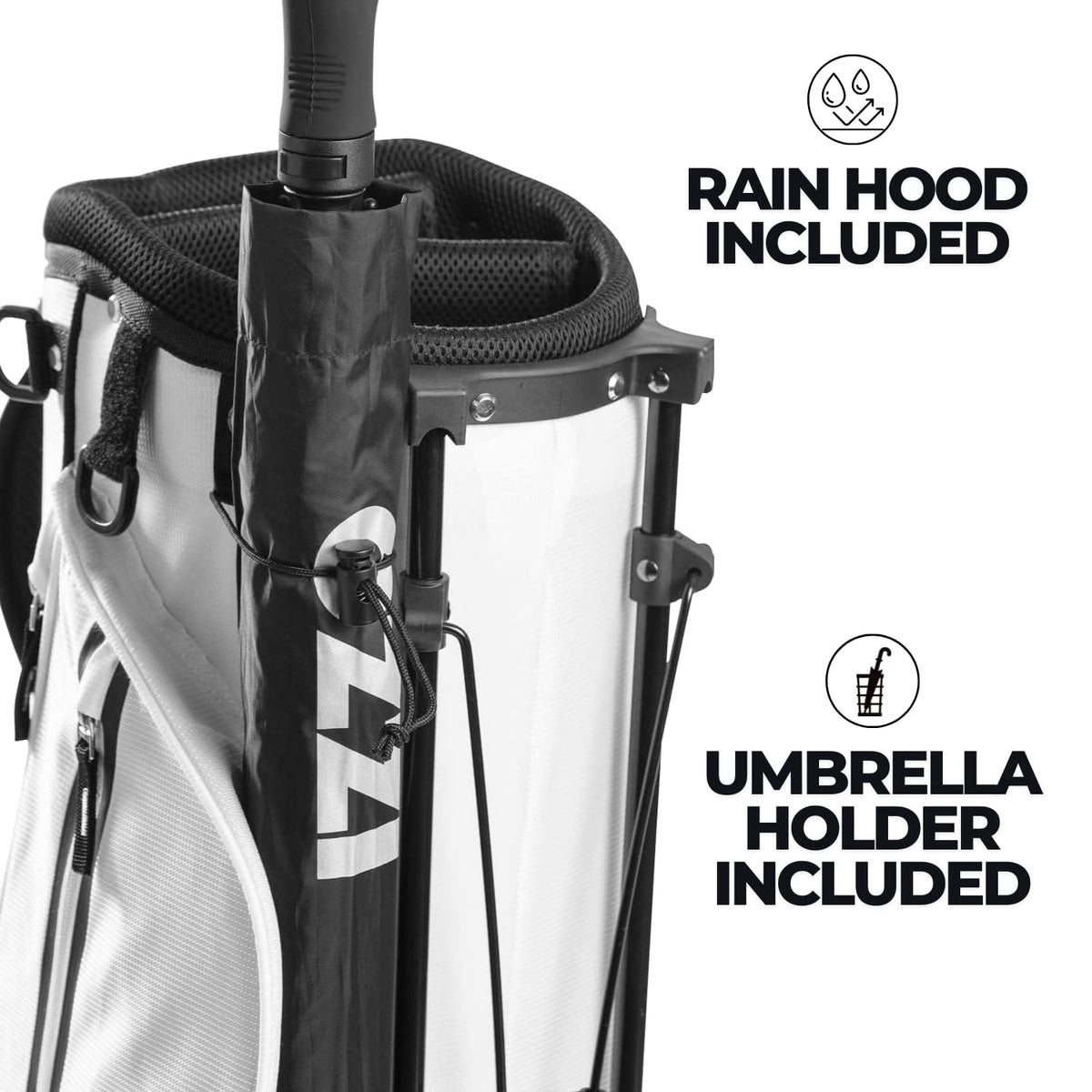 Izzo Ultra-Lite Stand Bag waterproof valuables pocket protecting essentials in rain.