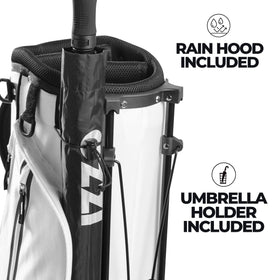 Izzo Ultra-Lite Stand Bag waterproof valuables pocket protecting essentials in rain.