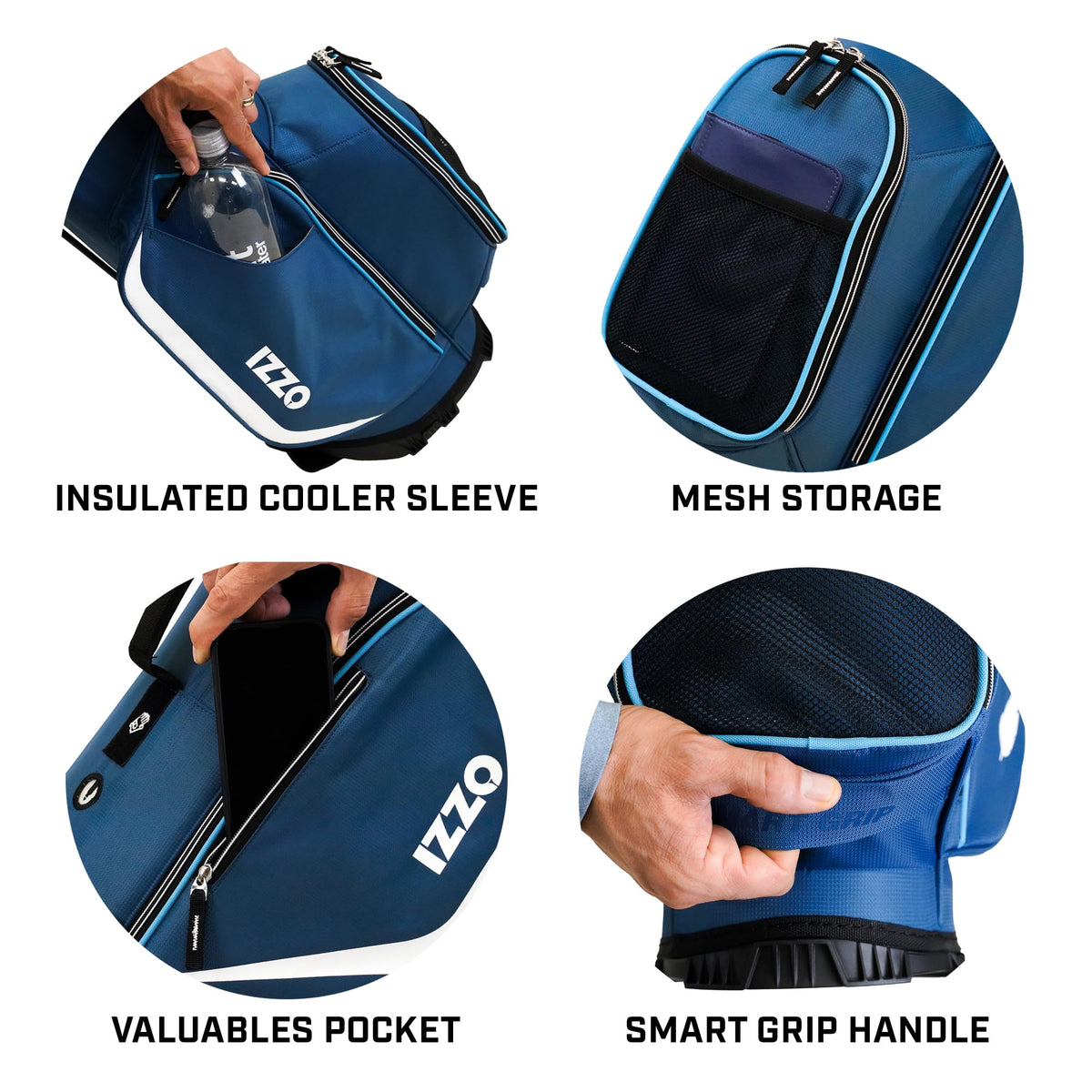 Umbrella holder and towel clip on Izzo Ultra-Lite help gear stay dry