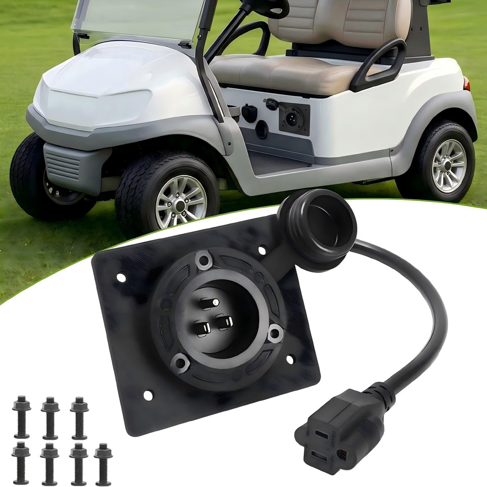 JacEnergy golf cart charging port adapter mounted on EZGO TXT for easy on-cart charging.