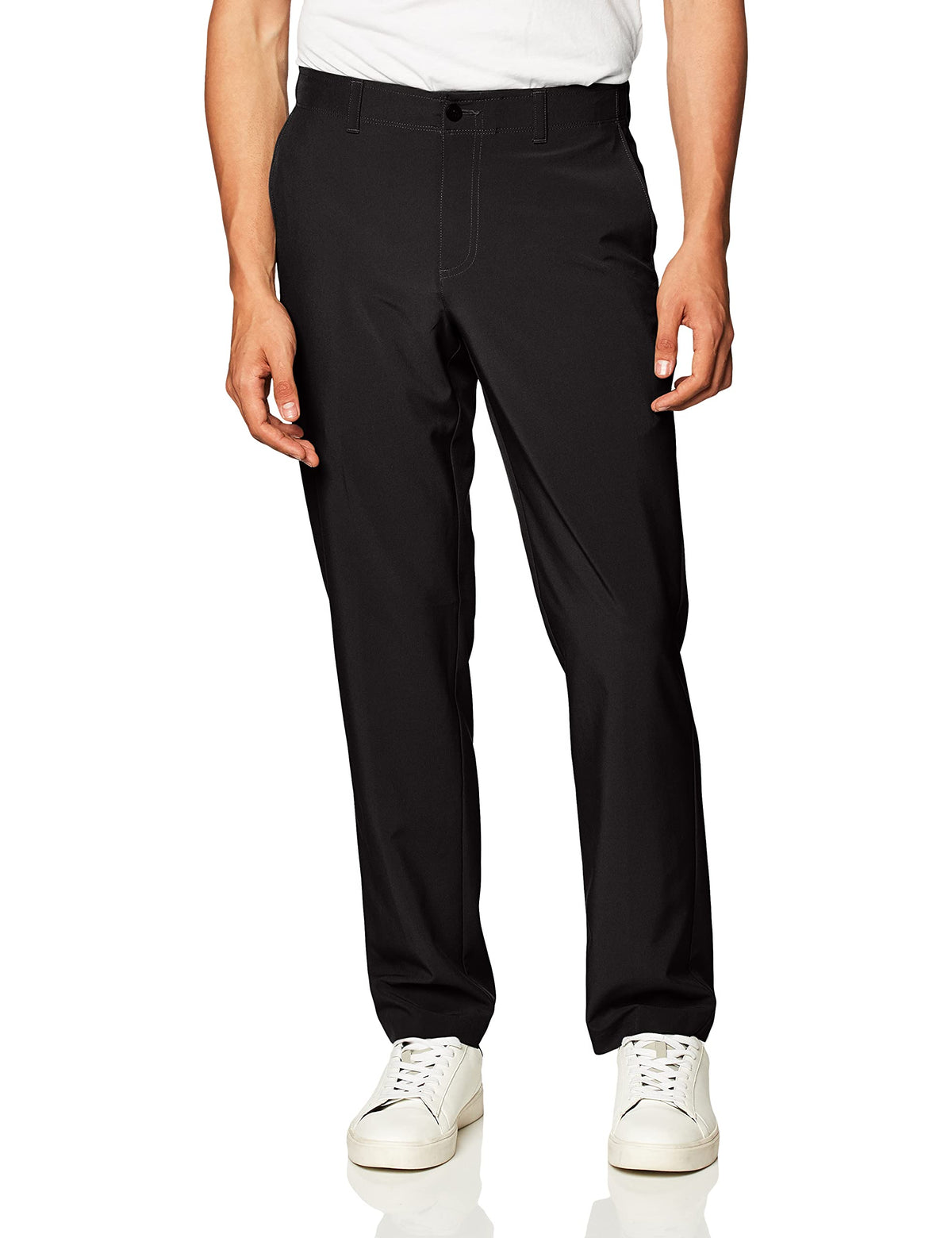 Jack Nicklaus solid golf pants, front view, active waistband for a tucked shirt.