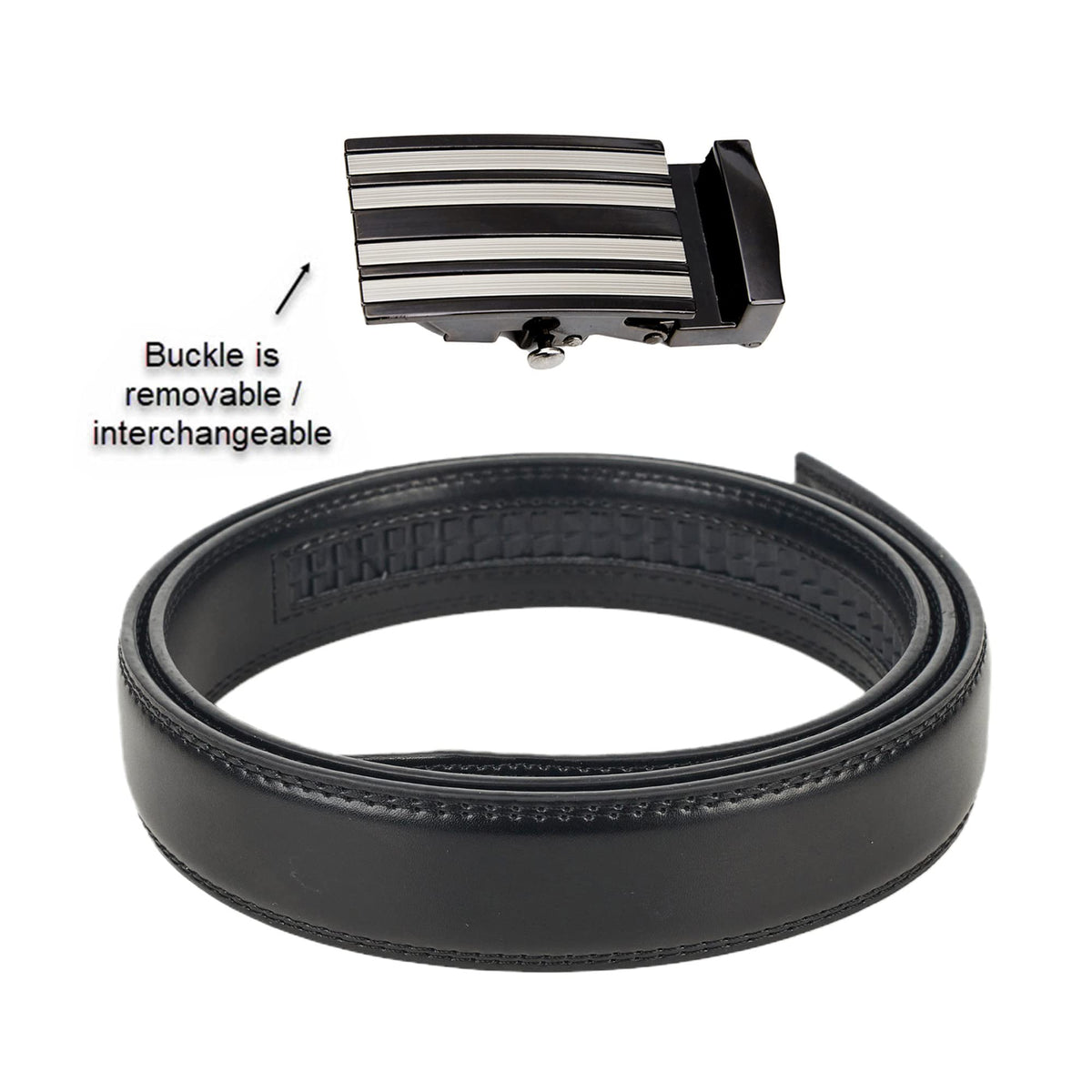 Jacob Alexander belt close-up of 4-stripe buckle showing secure ratchet action