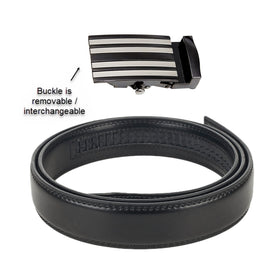 Jacob Alexander belt close-up of 4-stripe buckle showing secure ratchet action