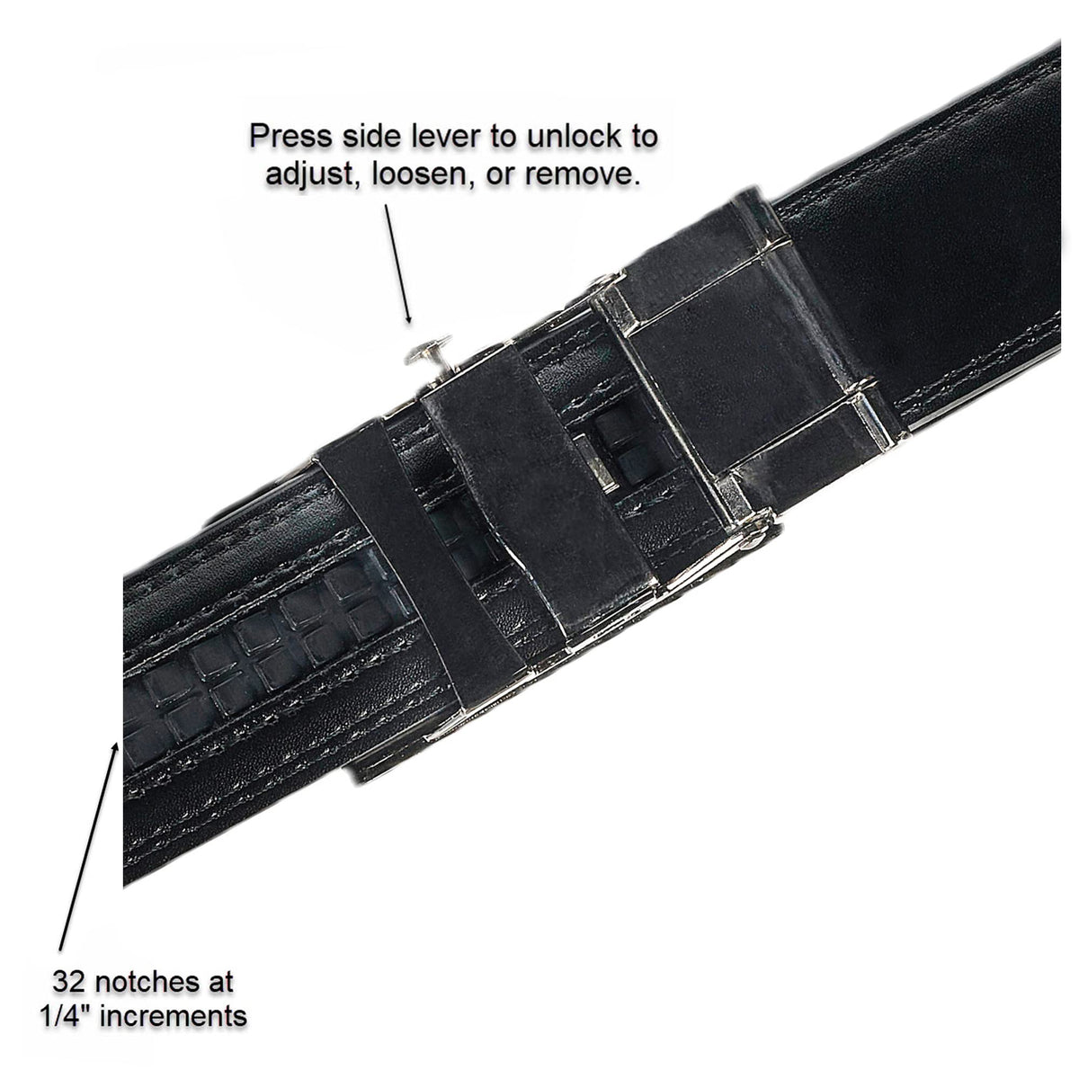 Side view of Jacob Alexander belt highlighting 32 mm width for a clean silhouette