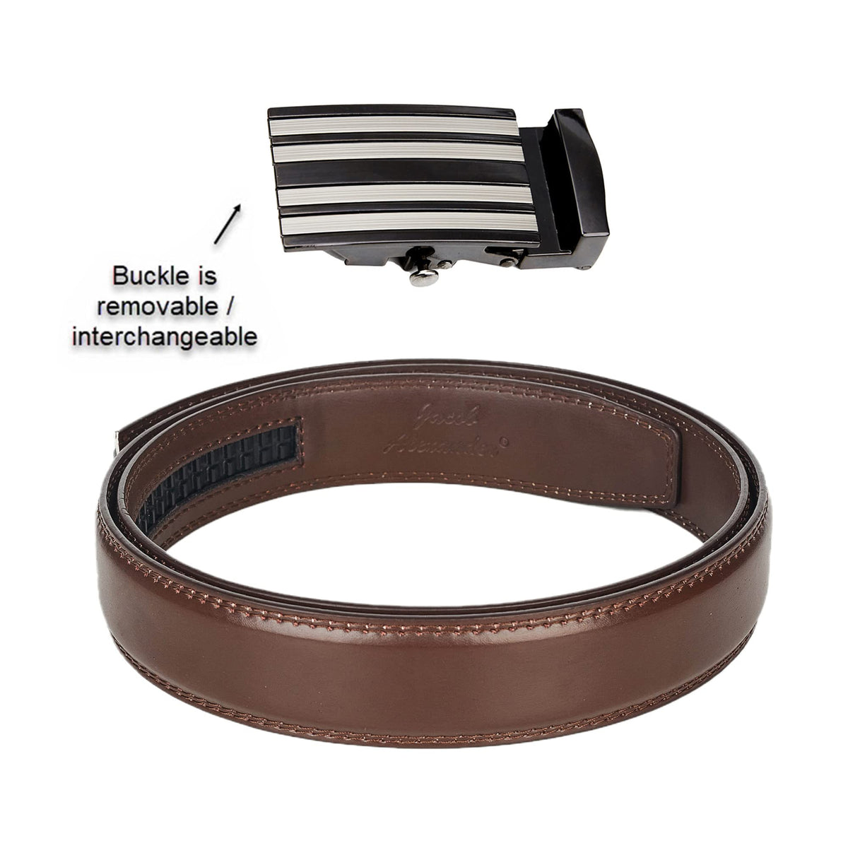 Jacob Alexander ratchet belt buckle inner track demonstrates precise micro-notch adjustment.