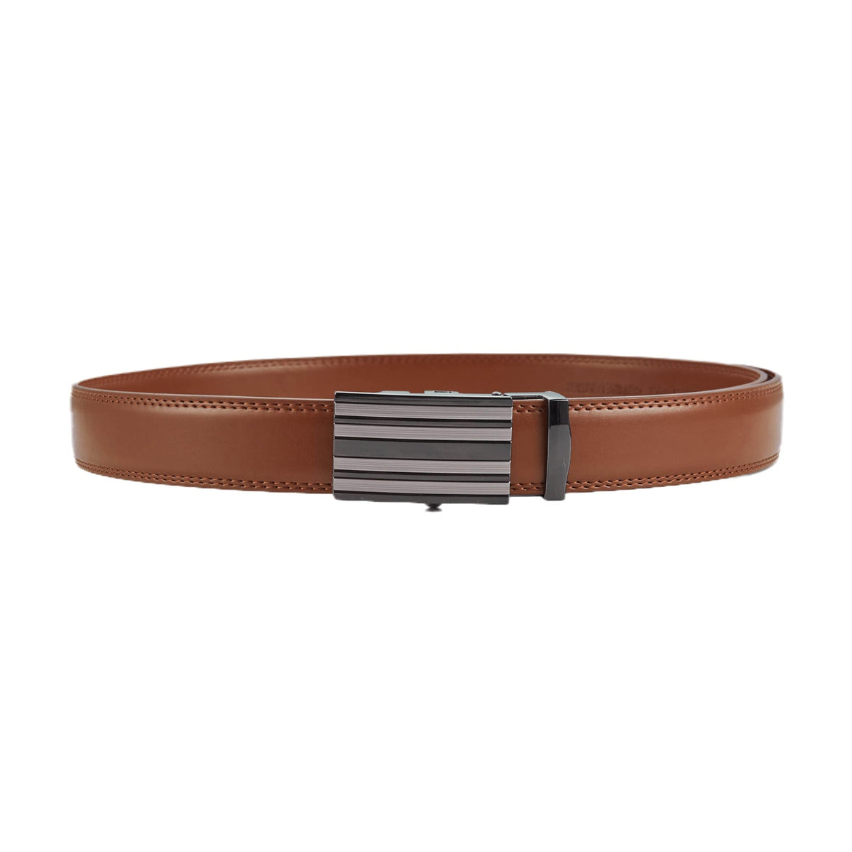 Jacob Alexander ratchet belt tan strap close-up shows genuine leather durability