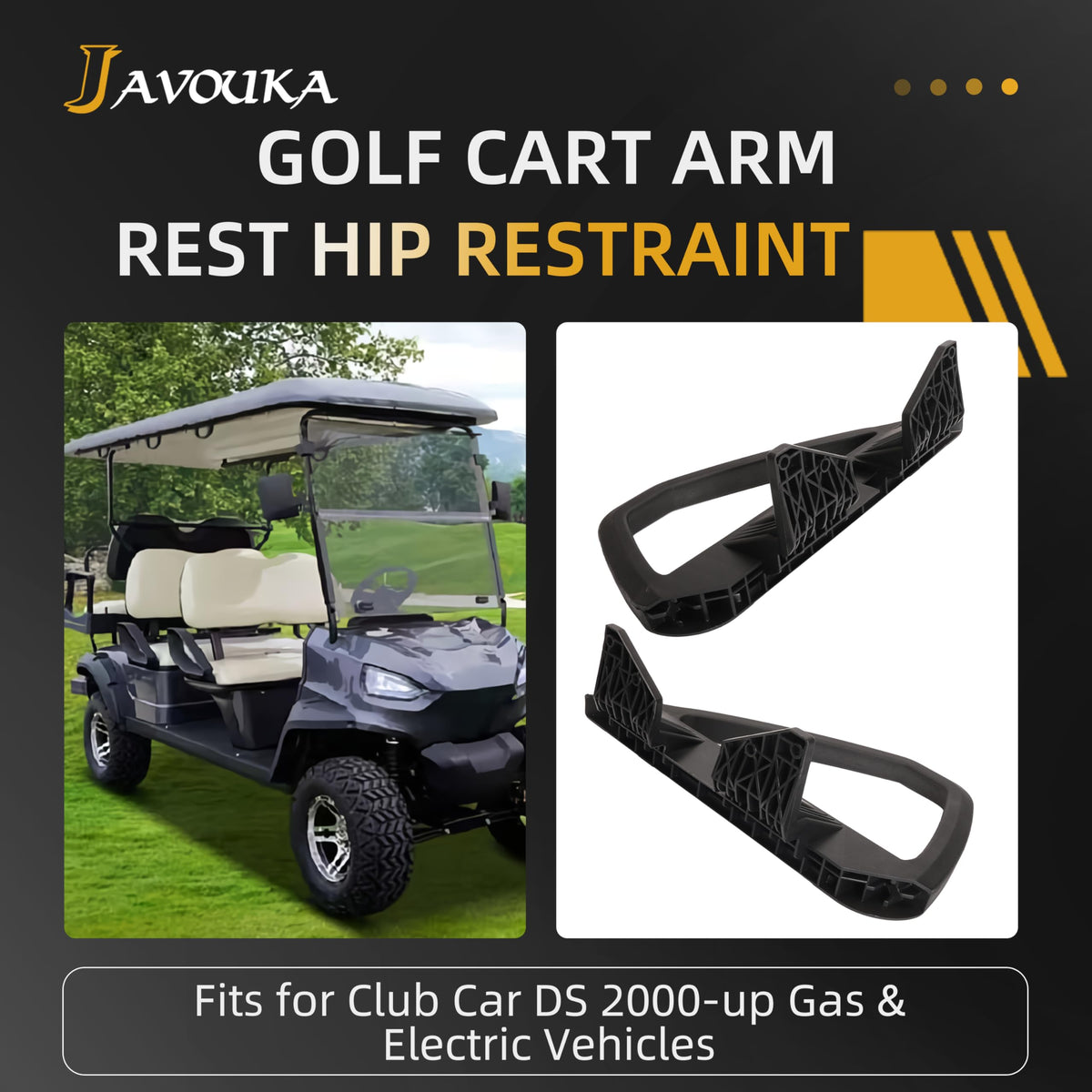 JAVOUKA right arm rest hip restraint close-up shows waterproof, wear-resistant ABS