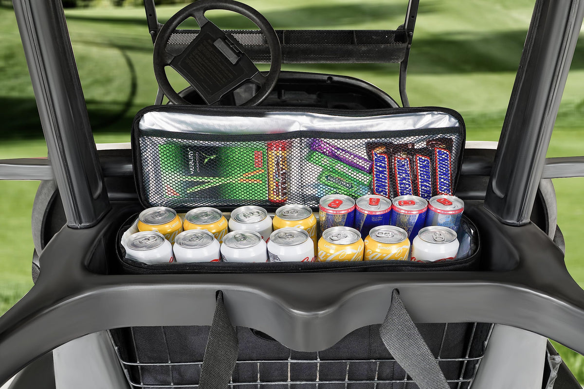 Jaxpare golf cart ice chest mounted on back basket for on-course cooling.