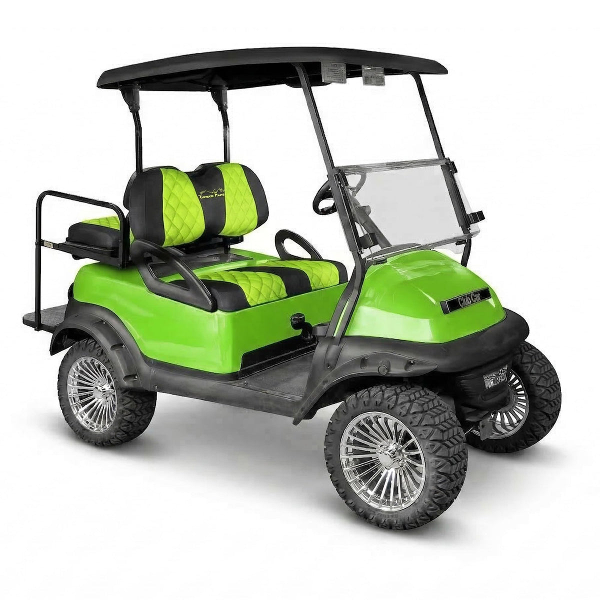 Jaxpare diamond seat cover on Club Car Precedent front cushion, enhances appearance and protection.