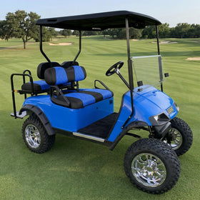 Jaxpare golf cart seat cover in blue and black protects upholstery with stylish upgrade.