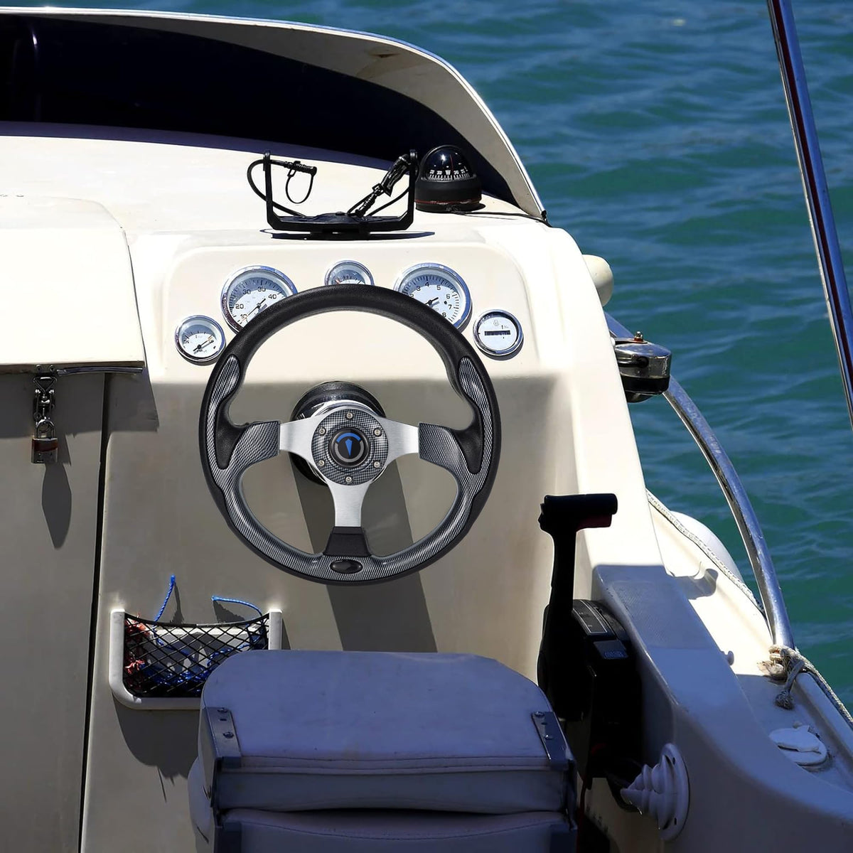 Jaxpare carbon-fiber look steering wheel boosts cart style.