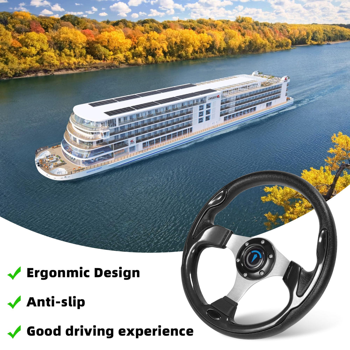 Jaxpare wheel works on golf carts and boats for upgraded steering feel.