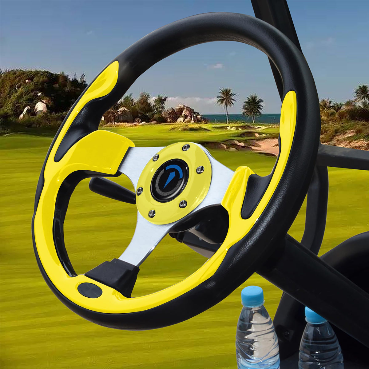 Jaxpare universal golf cart steering wheel yellow, front view, improved grip.