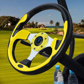 Jaxpare universal golf cart steering wheel yellow, front view, improved grip.