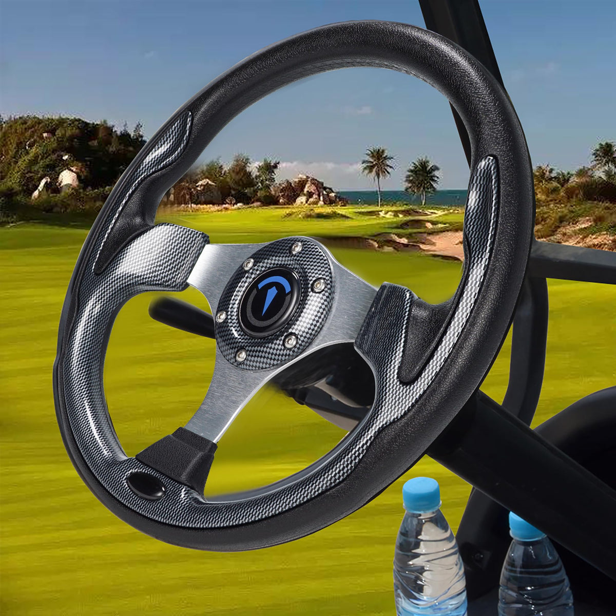 Jaxpare universal steering wheel with carbon fiber finish for a secure 13-inch grip.