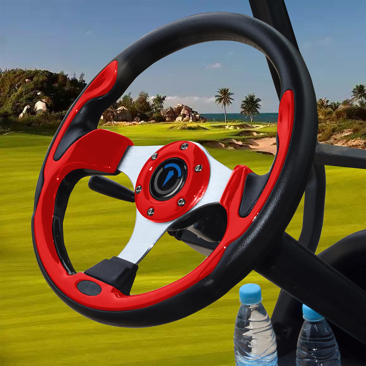 Jaxpare universal steering wheel red front view with improved grip and control.