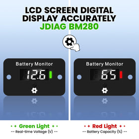 JDIAG BM280 rear-mounted gauge illustrating voltage range and battery health for 12-72V systems