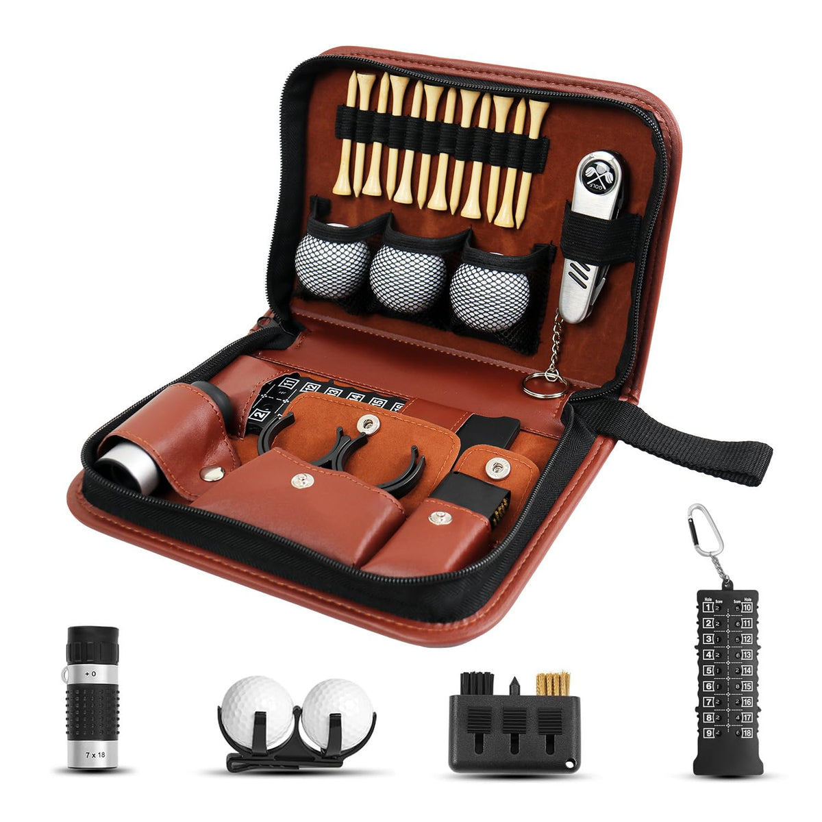 JDSZM golf accessories set in a brown case for easy transport on the course.