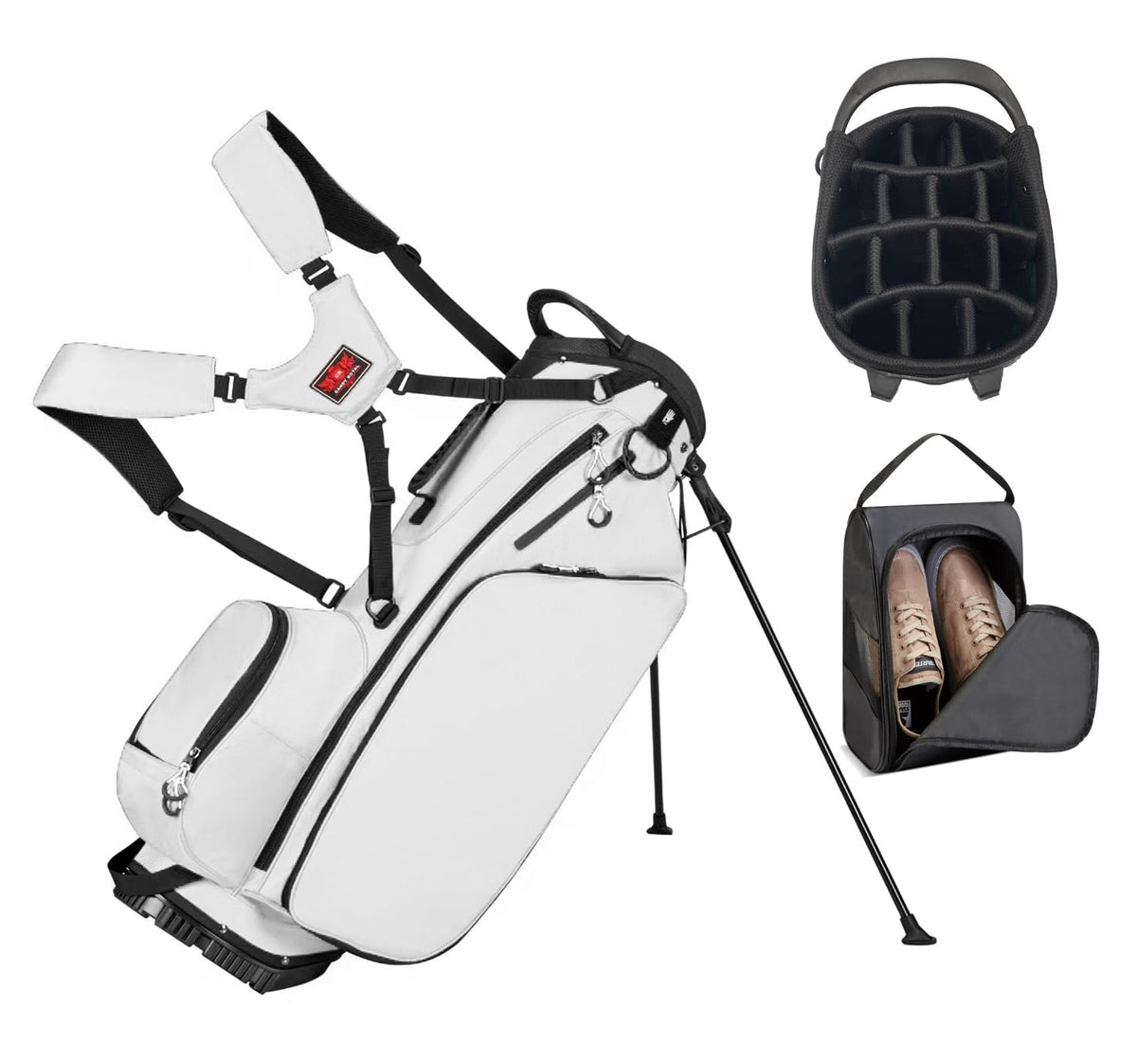 JDSZM lightweight stand bag with 14-way dividers ensures quick club access.