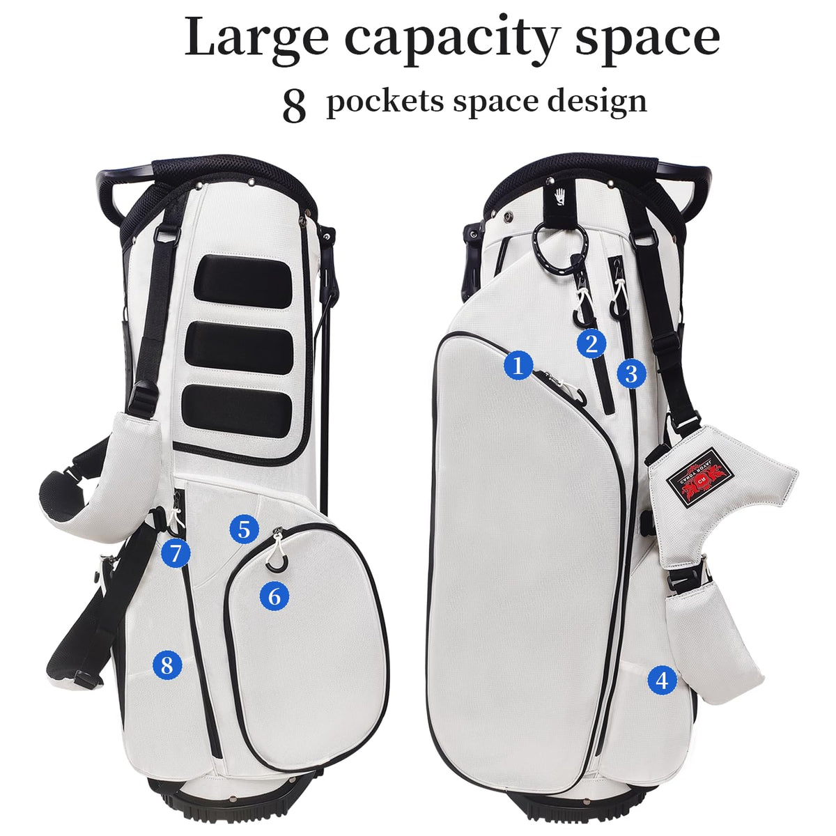 JDSZM white stand bag on cart offers clean, professional look.
