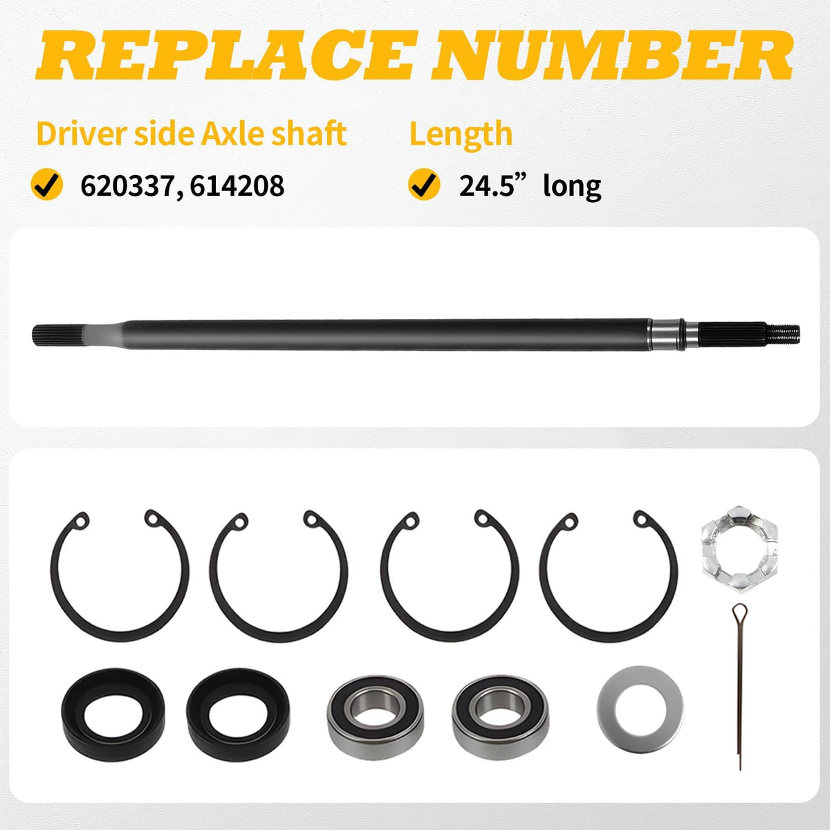 Jecoupoon axle shaft contents including snap rings ready for installation.