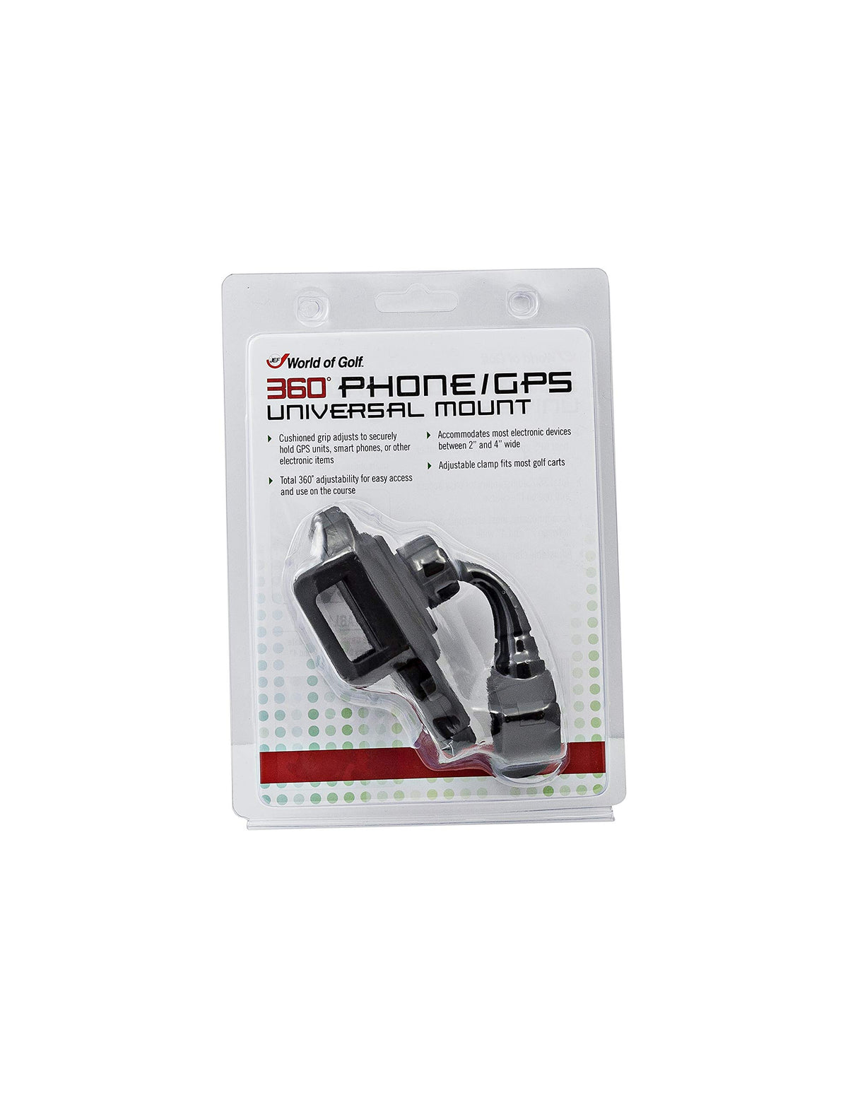 JEF World of Golf GPS Holder secures a device with cushioned grip on a cart clamp.