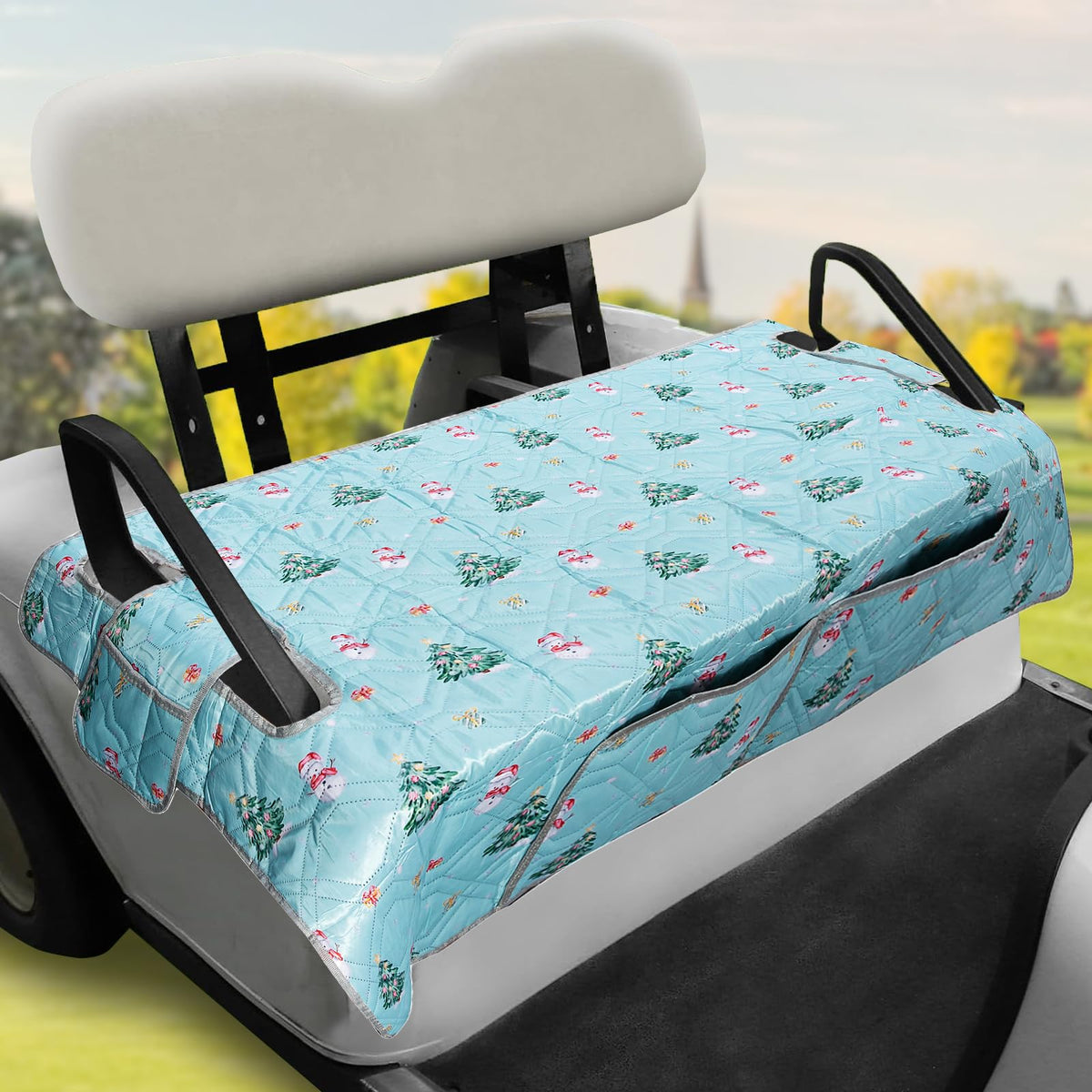 JEFBFBWE golf cart seat cover in full view on a cart, protecting seats on the course.