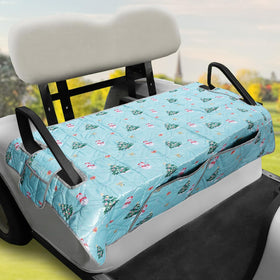 JEFBFBWE golf cart seat cover in full view on a cart, protecting seats on the course.
