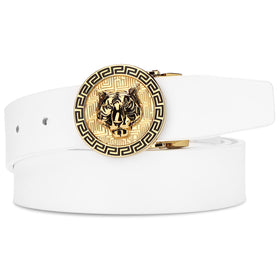 JEKIXHUA gold tiger buckle belt closeup for formal wear.