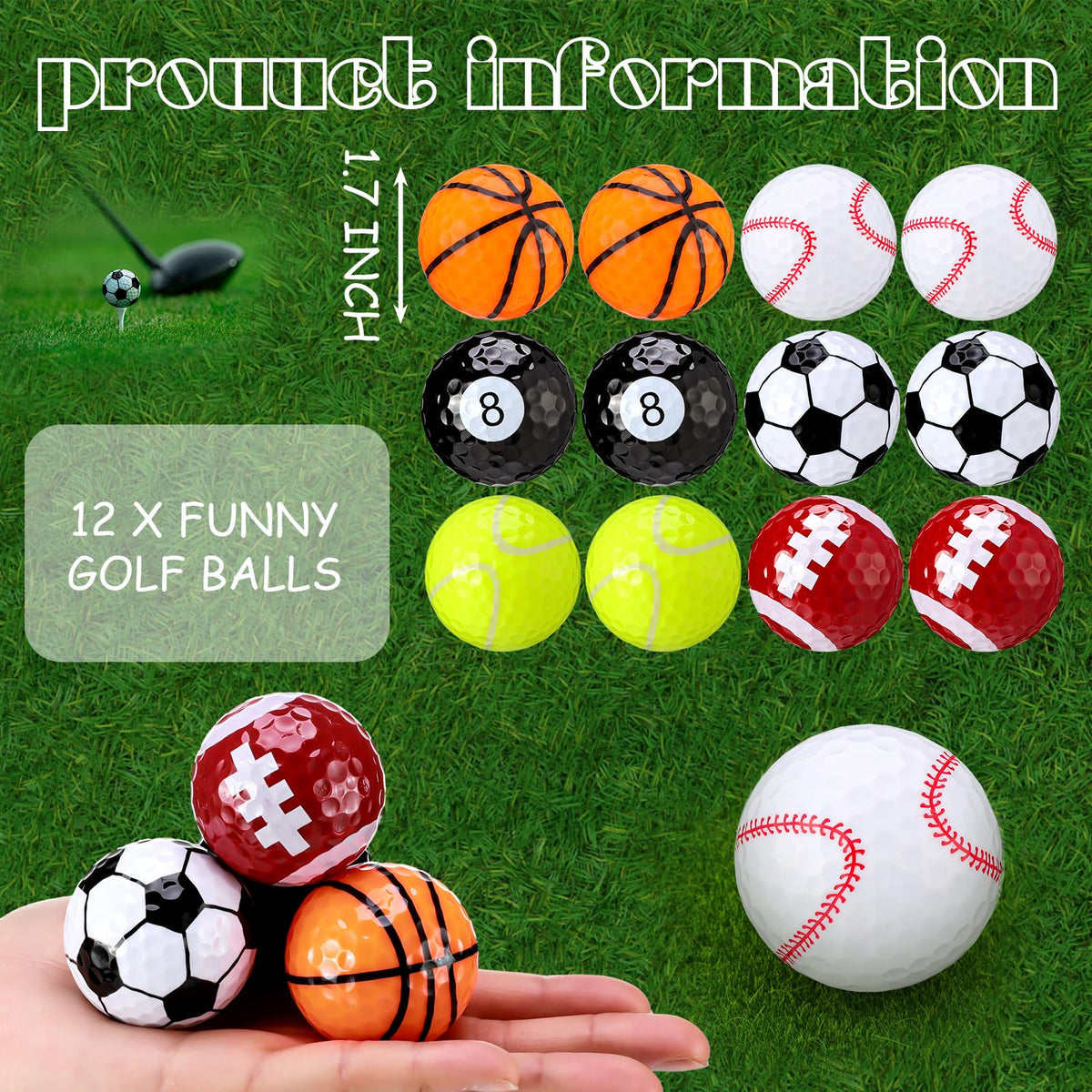 Jenaai mixed-sport pattern golf balls on display for quick practice identification.