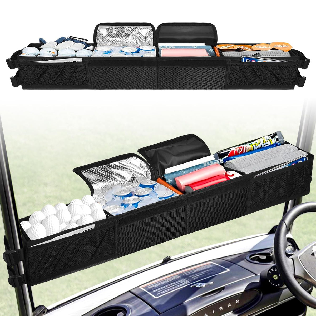 Jenlan golf cart front storage basket keeps essentials organized on the course