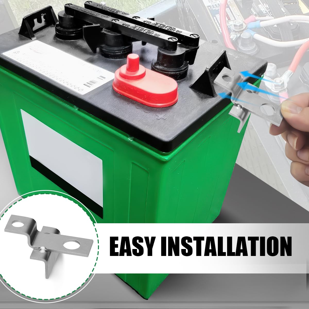 Jerbor battery mount bracket for RV keeps GC2 battery secure during travel.
