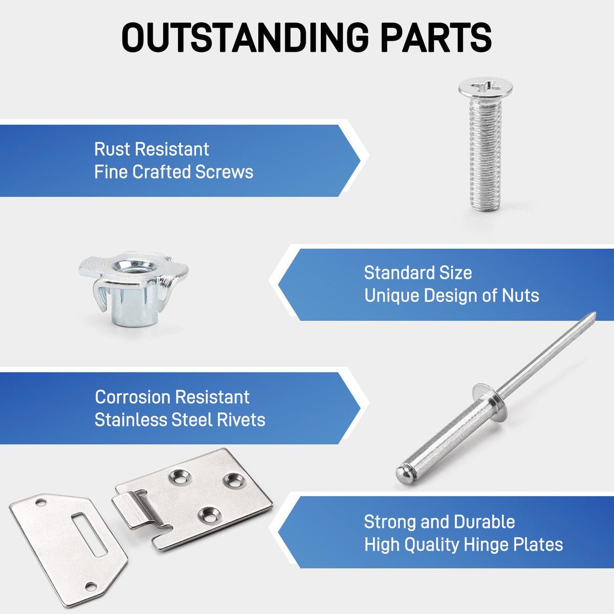Screws and nuts included for secure hinge installation