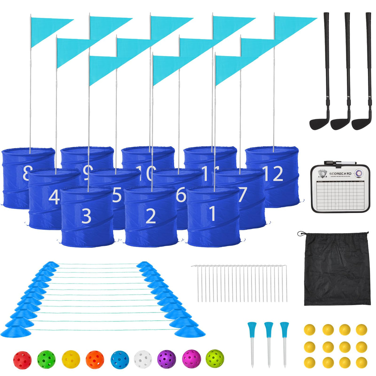 JFHID bucket yard golf set blue 12-hole, ideal for breezy beach or backyard practice.