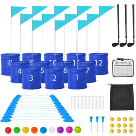 JFHID bucket yard golf set blue 12-hole, ideal for breezy beach or backyard practice.