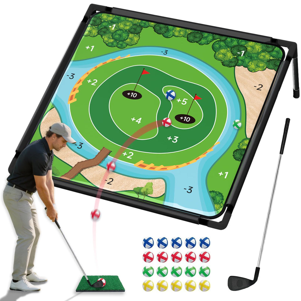 JIIFO dual-sided golf chipping mat with stable frame for authentic practice indoors or outdoors.
