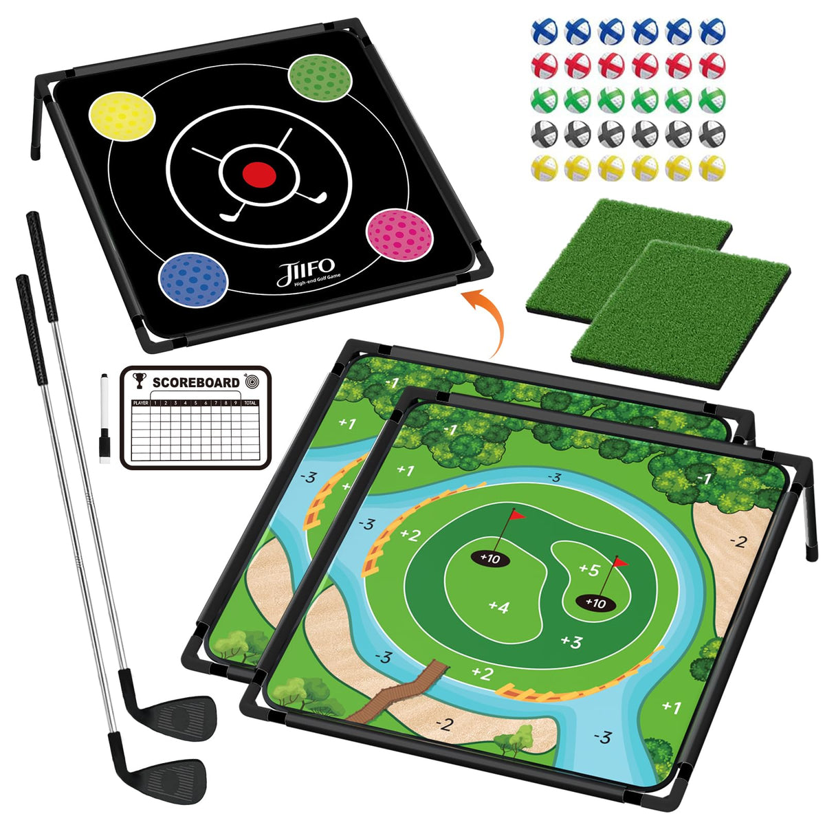 JIIFO Golf Chipping Set dual-sided mat for versatile indoor or outdoor practice.
