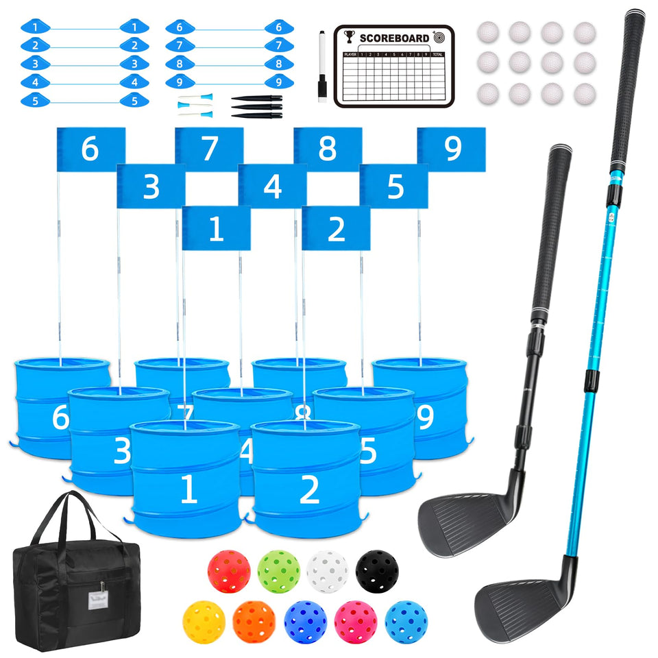 JIIFO Golf Game backyard setup with 9 buckets for quick outdoor play.