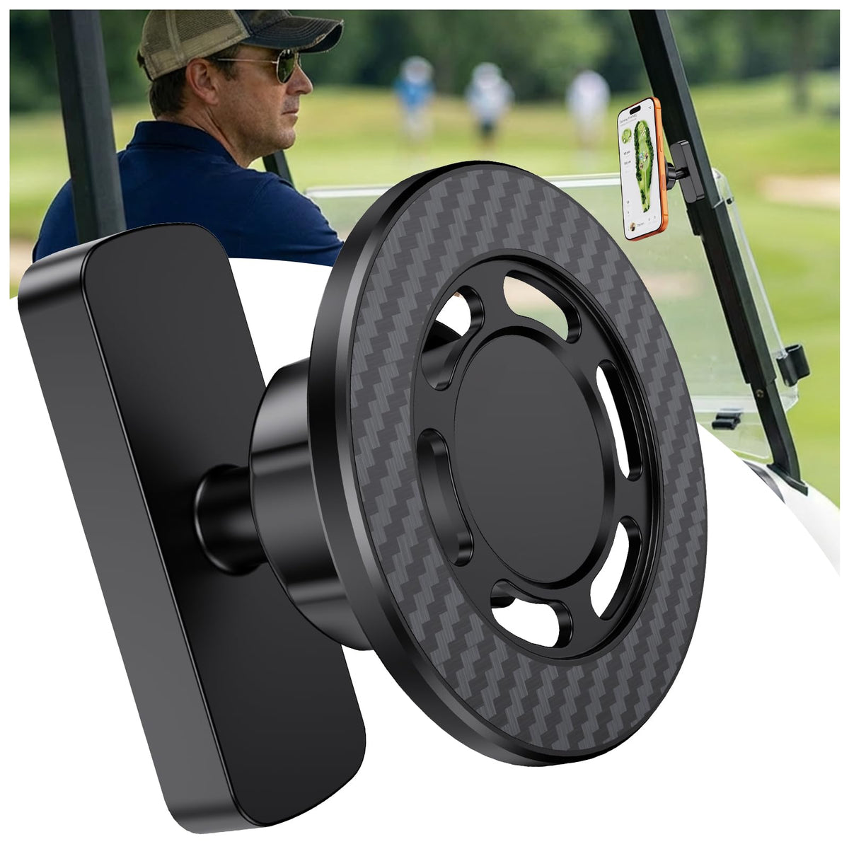 Jikasho magnetic golf cart holder securely grips MagSafe iPhone on cart