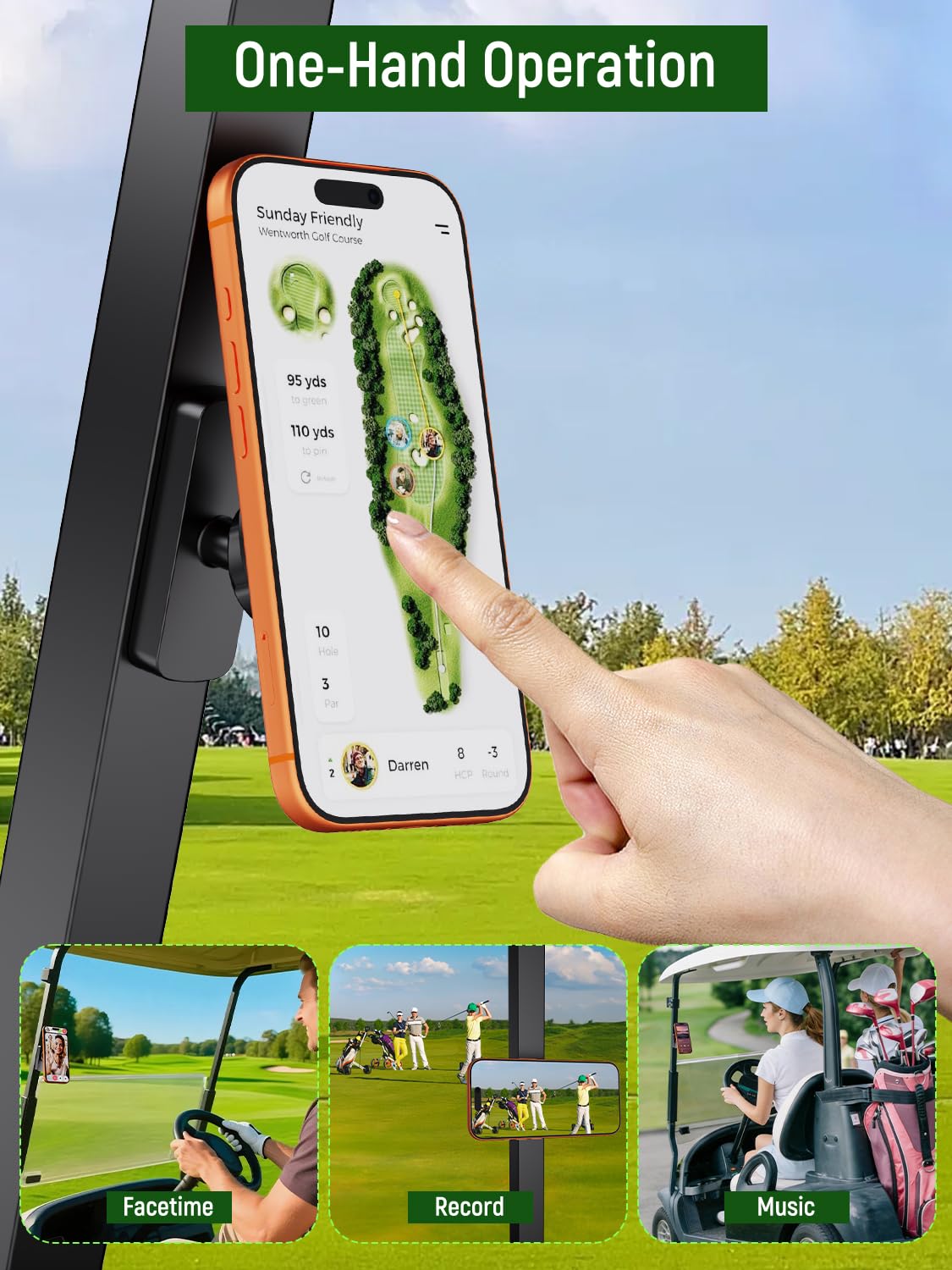 One hand snap-on mount for effortless golf rounds